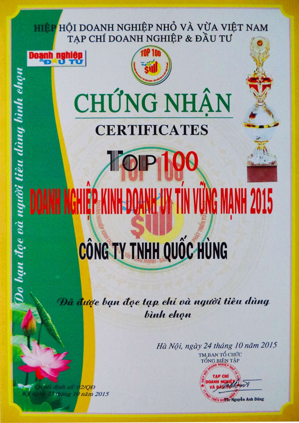 Top 100 Doanh nghiệp uy tín vững mạnh 2015